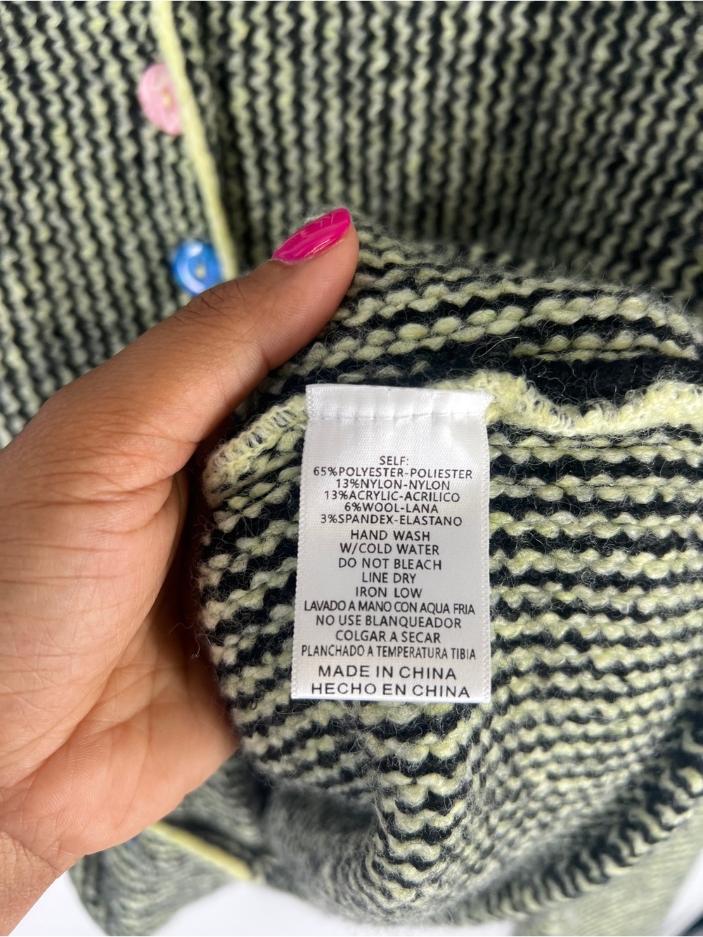 Olive Striped Cardigan with Colorful Buttons - Picture 9 of 13